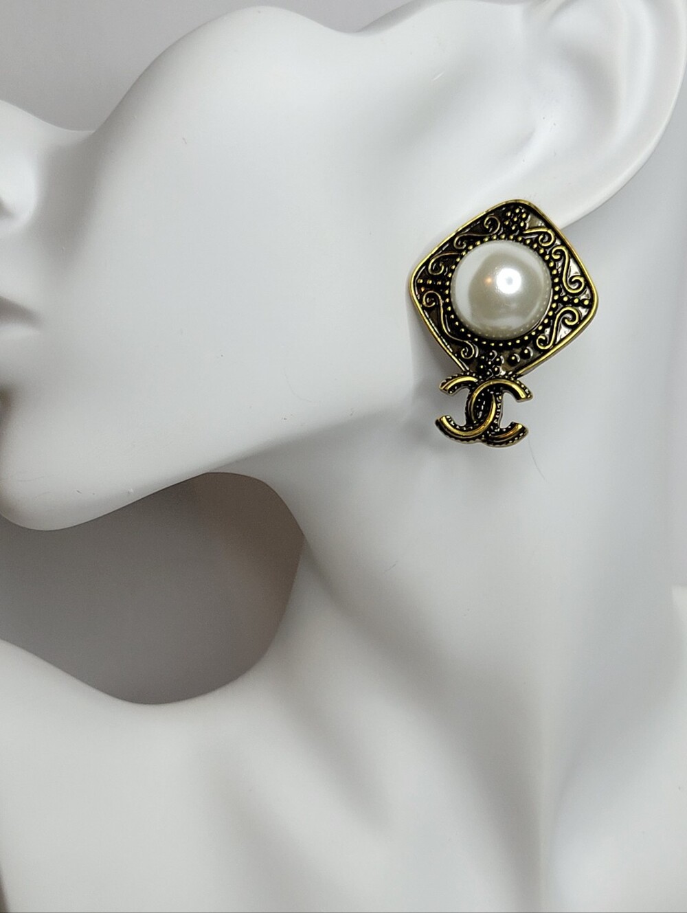 Vintage Style, Faux Pearl CC Statement Earrings, New